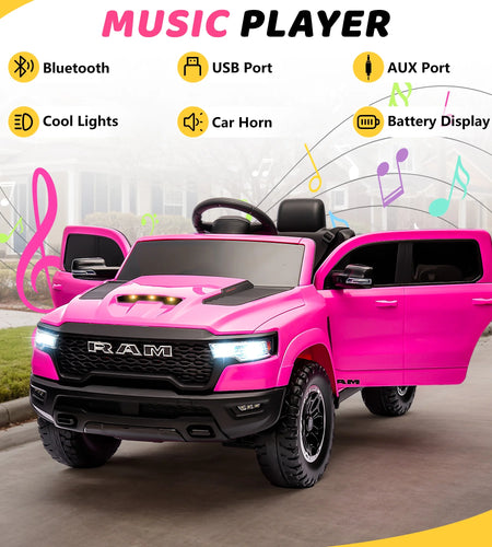 Dodge RAM Ride on Car, 12V Powered Ride on Toy with Remote Control, 4 Wheel Suspension, 5 Point Safety Belt, MP3 Player, Bluetooth, LED Lights, Electric Cars for 3-8 Years Boys Girls