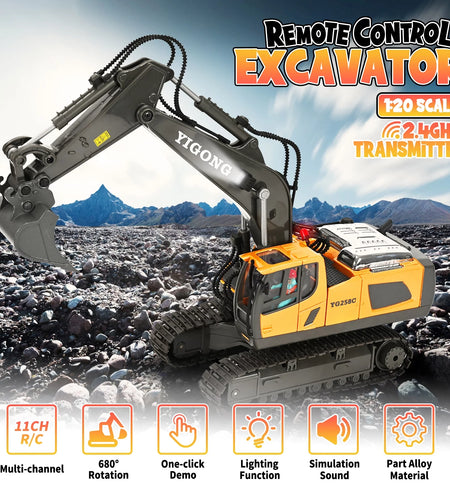 Remote Control Excavator,11 Channel RC Excavator Toys, Rechargeable Construction Vehicle Toys with Lights Sounds,Gifts for Kids 3-12 Years Old