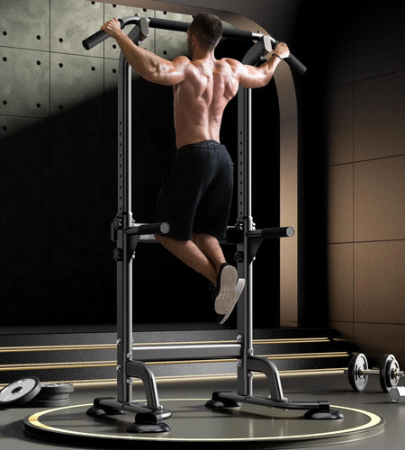 Power Tower Pull up Bar, Strength Training Workout Equipment with Adjustable Height High Stability - Black