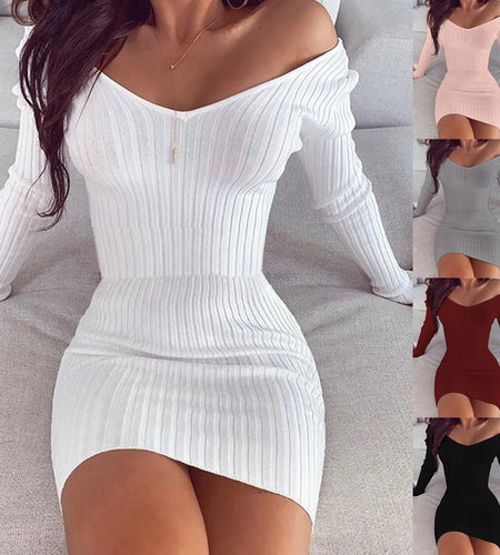 Sexy off Shoulder Long Sleeve Bodycon Dress for Women 2024 Spring Autumn White Knitted Sweater Mini Woman Dresses Robe Femme
